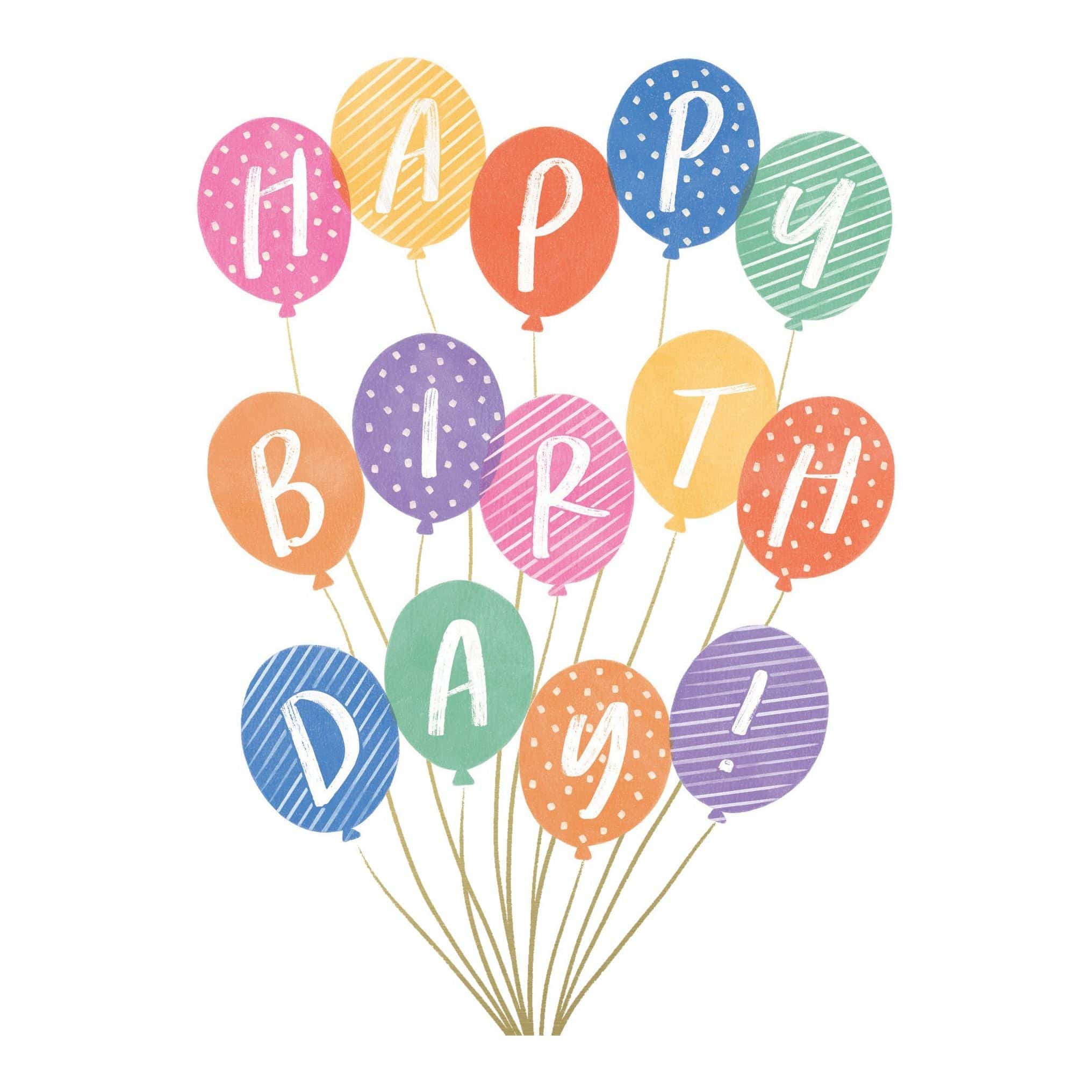 Colorful Happy Birthday Balloons greeting card by Pictura featuring vibrant balloon illustrations on a cheerful design.